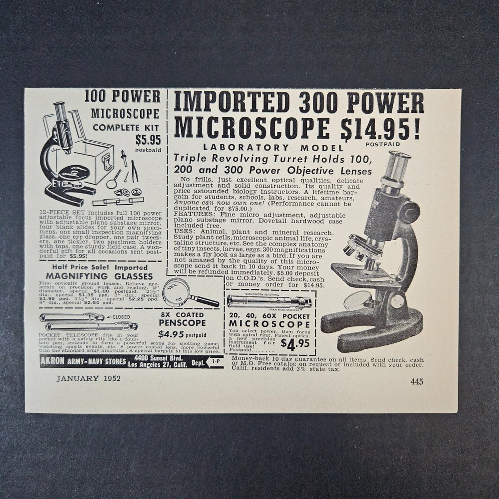 1952 Akron Army-Navy Store Vintage Print Ad Microscope Magnifying Glass Penscope